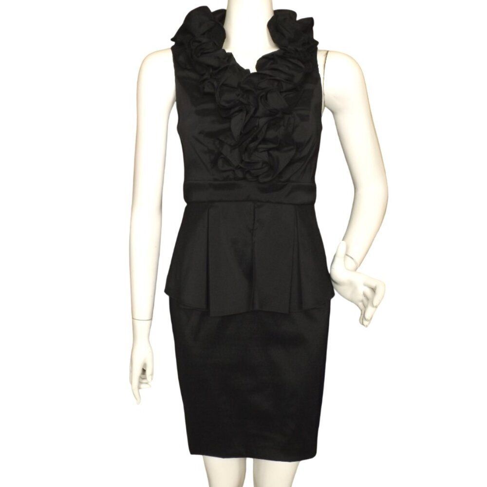 XSCAPE Dress, 4, Black, Short, Peplum, Big Ruffle V-neck, Sheath, Zipper